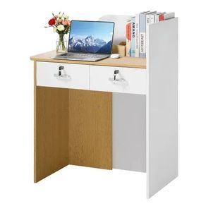 Reception Desk, 80 cm Rectangular Front Counter Table, Modern Office Reception Desk with LED Light, 2 Drawers & Power Outlets