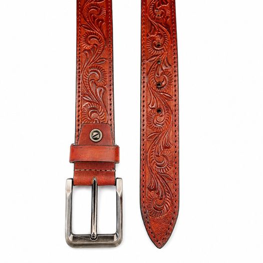 Premium Genuine Leather Belt Dual Tone Vintage Embossed Design with Antique Metal Buckle