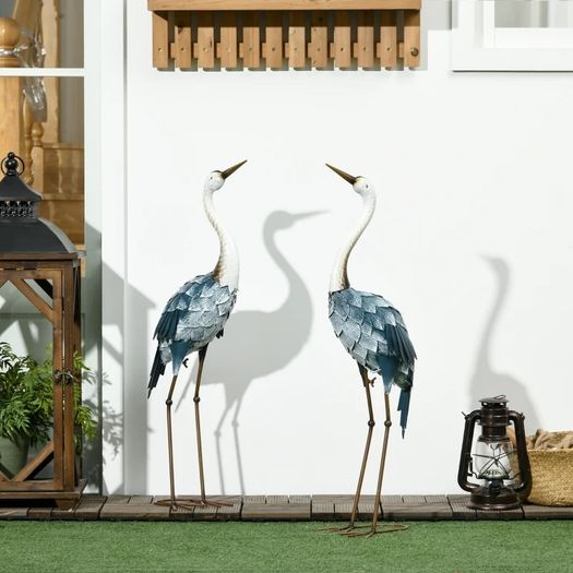 Crane Garden Ornaments, 2 PCS Garden Statue Set, Steel Garden Gifts for Patio Pond Landscape Decoration, Multi-Colour