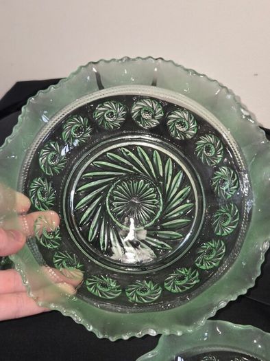 Collection of Art Deco Green Glass Scalloped Edge Bowls