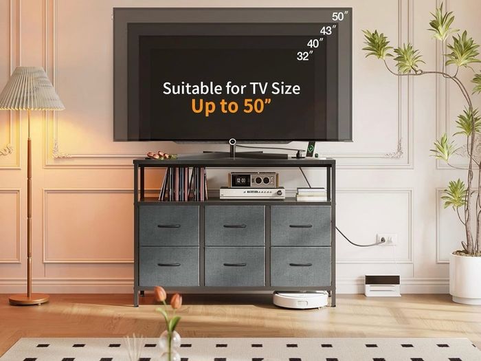 Chest of Drawers Bedroom with 6 Drawers, Fabric Storage Drawers with 2 USB and 2 Sockets