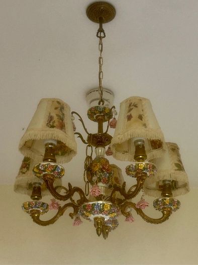 70s Gorgeous Ronantic Brass and Porcelain Chandelier