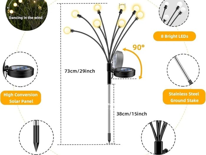 Solar Firefly Lights - 8 LEDs Waterproof IP65, Fence Lights for Lawn Yard Patio Pathway & Landscape Garden Decoration, 4 Pack