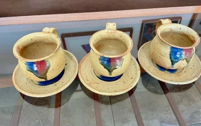 Vintage Stoneware 3 Coffee Cups & Saucers made by Badger Hill Pottery