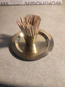 Small Brass Pot  Toothpick Set on on small brass trey.