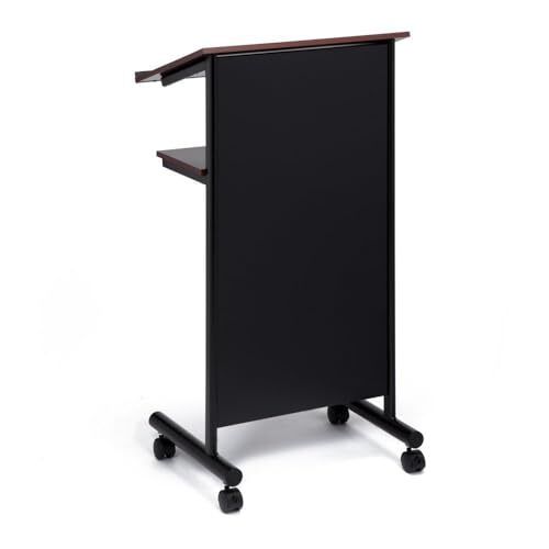 Audio-Visual Direct Wheeled Lectern Podium Standing Desk with Storage Shelf - Cherry/Black Ideal for Presentations and Laptop Use