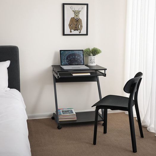 _desk, computer table with 4 castors, 2 of them with brakes, PC table, easy-to-use keyboard pull-out, easy assembly, space-saving PC table in Z-shape, black