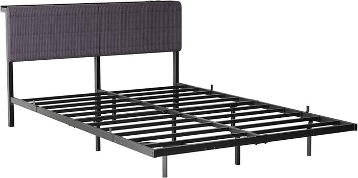 5ft King Bed Frame With USB Charging Station,Dark Grey Floating Bed Frame with Storage Headboard and LED Light,Upholstered Platform Bed Frame Double Size,Noise-Free Strong Slats