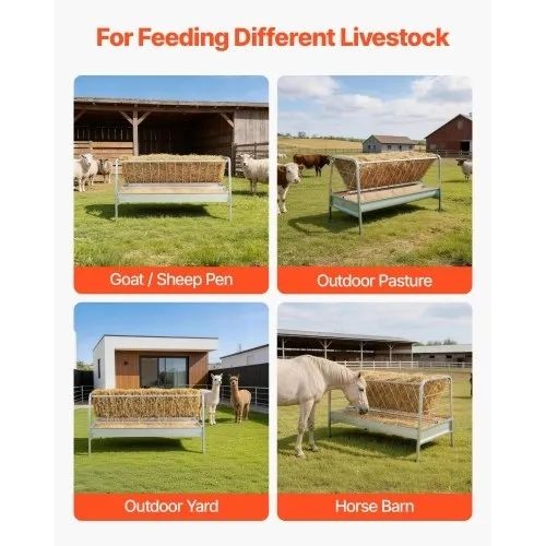 Livestock Hay Feeder, 2 in 1 Grain & Hay Feeder, 300L Capacity, 147 cm Long Goat Pasture Feeding with Deeper Feeding Pan, Heavy Duty Steel Grain Holder for Sheep Sheds, Farms, Horse Barns, Yards