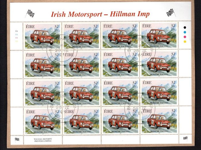 2001 Ireland Irish Motorsport Commemorative Stamp Sheetlet Plate 1A1A1A1A Fine Used with Dublin CDS cancel of 26th April 2001 (First day of issued) on envelope extract.