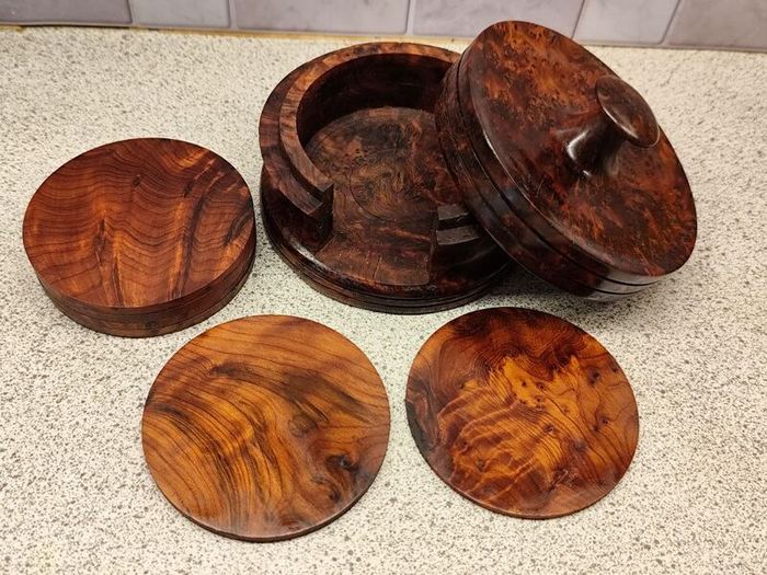 Vintage Hand Turned Burr Wood Coaster Set Solid Timber 7 Piece Mint Condition