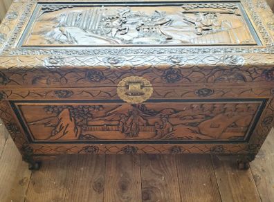 Mid-century chinese carved camphor wood chest