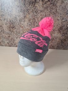Coca Cola beanie bobble hat pink and grey pom pom Coke