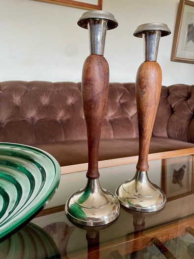 Vintage Tall Pair of Silver Metal and Wooden Candlestick Holders