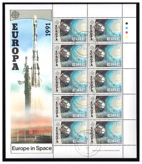1991 Ireland Europa (Europe in Space) Stamp Sheetlet with fine Baile Atha Cliath (Dublin) Steel cancel of 9/9/1991