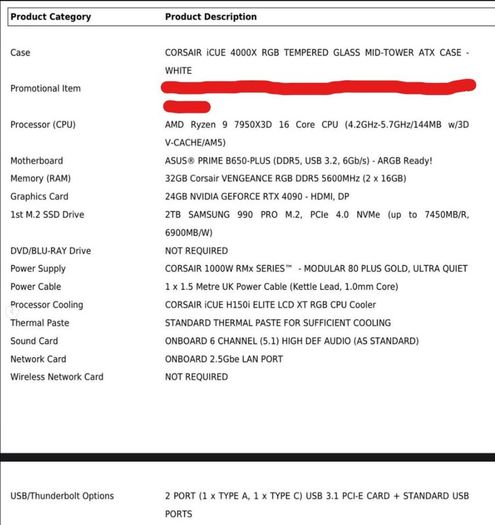 Custom Built Pc- Rtx 4090/ryzen 9 7950x3d/32gb/2tb