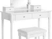 _dressing table, dressing table set, padded stool and 10 dimmable light bulbs, 2 large and 2 small drawers, transparent table top made of tempered glass, gift idea, white