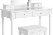 _dressing table, dressing table set, padded stool and 10 dimmable light bulbs, 2 large and 2 small drawers, transparent table top made of tempered glass, gift idea, white