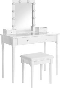 _dressing table, dressing table set, padded stool and 10 dimmable light bulbs, 2 large and 2 small drawers, transparent table top made of tempered glass, gift idea, white