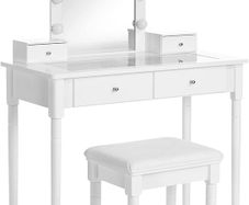 _dressing table, dressing table set, padded stool and 10 dimmable light bulbs, 2 large and 2 small drawers, transparent table top made of tempered glass, gift idea, white