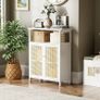 Bamboo Cabinet, Rattan Storage Cabinet with Doors, Freestanding Floor Cupboard for Bathroom, Living Room, Hallway, White Image 2