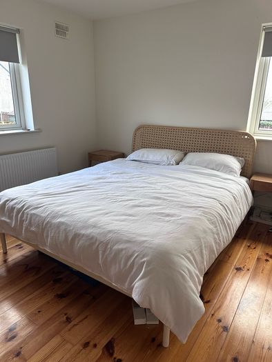 King bed with rattan and steel frame and mattress - IKEA