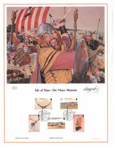 1986 Isle of Man Limited Edition Lithographed Print measuring 333mm X 257mm showing Manx Museum Commemorative Stamps with First Day of Issue Cancel