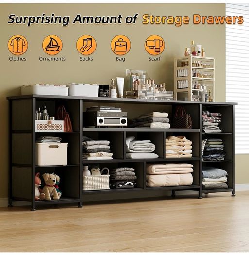 Tv Cabinet, Dresser for Bedroom with 11 Fabric Drawers, TV Stand with Power Socket for TVs up to 70 inchTV Units for Living Room, Bedroom, Black
