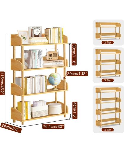 4 Tier Wooden Open Bookcase, Modern Display Bookshelf with Solid Wood Frame and Rounded Corner Design, Storage Organizer for Living Room, Bedroom, Home Office, Balcony