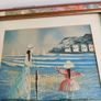 Vintage Small Oil Painting on board framed under glass of lady and child on the beach not signed. Image 8
