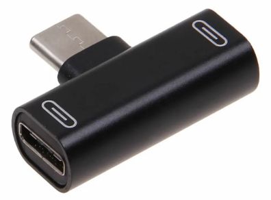 Black 2in1 Dual Type C to USB-C Headphone Audio Charger Adapter Converter