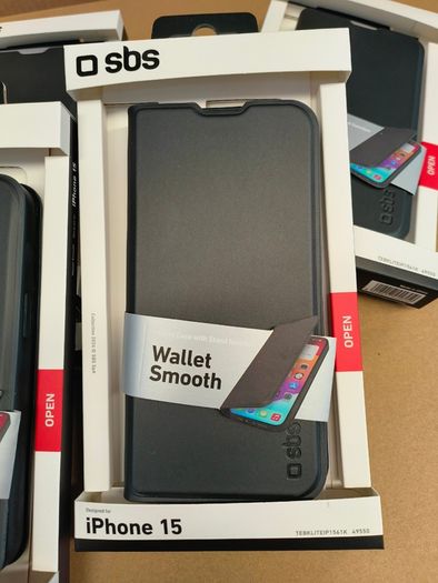 SBS Wallet Smooth Case for iPhone 15 - Soft Touch Finish with Card Slot, Built-in Stand, Magnetic Closure, Easy Access to Buttons, Black