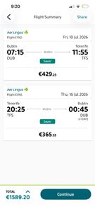 July 10th 2026 Dublin to Tenerife return flights x2