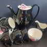 Stunning Vintage MCM 1950's Coffee Set for Six, Including Coffee Pot, by Johnson Bros, in Black and Cream with Pink Rose Detailing and Platinum Gilt Design Image 6