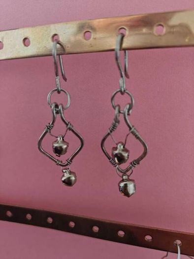 Stainless Steel Earrings with Bells, Handmade Wire Art, Geometric Dangles