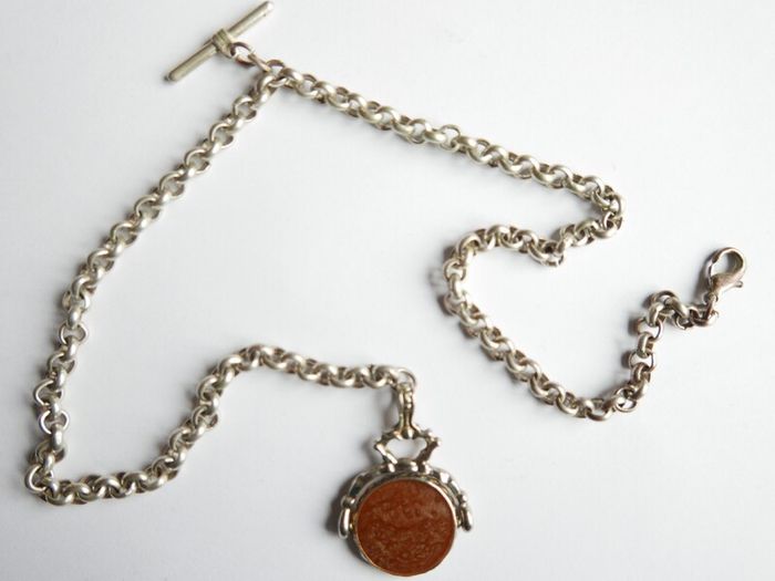 Vintage Silver Plated Pocket Watch Chain With Fob