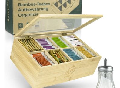 Brand New Premium tea box including sugar shaker 100 bamboo wood, with 8 dividers -