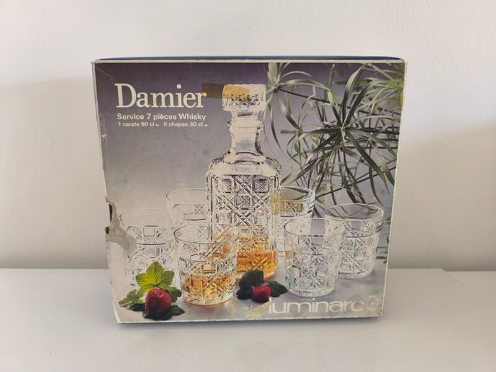 Vintage Luminarc Damier 7 Piece Whisky Decanter Set  Made in France Boxed