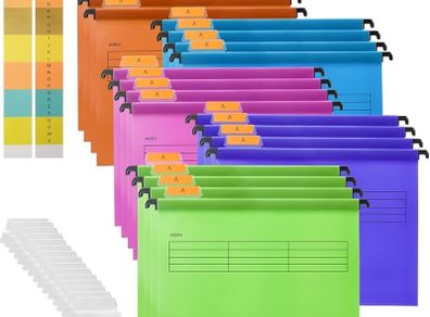 20PC PP Filing Cabinet A4 Suspension Files Hanging Folders with Tabs and Inserts, Filing Cabinet Haning File for Office School Desktop File Storage, File Classification (Mix Colors)