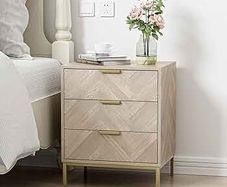 3 Drawer Bedside Table, Wooden Cabinet with Metal Legs, Modern Storage Chest for Bedroom Living Room Office, Oak Finish