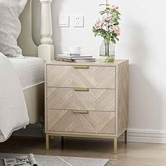 3 Drawer Bedside Table, Wooden Cabinet with Metal Legs, Modern Storage Chest for Bedroom Living Room Office, Oak Finish