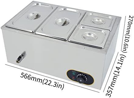 1500W Food Warmer Stainless Steel Steam Table Temperature Control for Catering and Restaurant, GN 1/3x2, 1/6x2 Pans with Lids