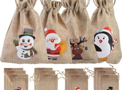 12 Christmas Jute Burlap Gift Bags Pouches with Drawstring Small Candy Bags for Xmas Favors