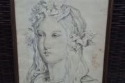 Antique Pre Raphaelite Style Pencil Portrait Framed Maiden With Flowers 34 x 45 cm