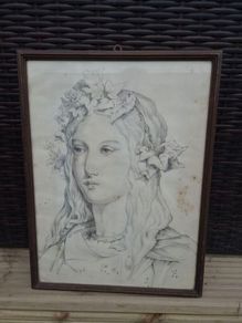 Antique Pre Raphaelite Style Pencil Portrait Framed Maiden With Flowers 34 x 45 cm