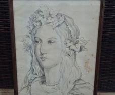 Antique Pre Raphaelite Style Pencil Portrait Framed Maiden With Flowers 34 x 45 cm