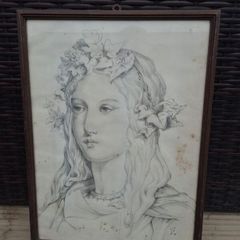 Antique Pre Raphaelite Style Pencil Portrait Framed Maiden With Flowers 34 x 45 cm