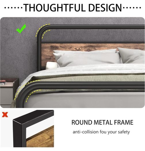 King Size Bed Metal Platform Bed Frame with Wood Headboard