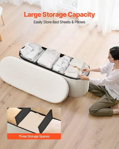 Beige Oval Storage Ottoman Bench, Foldable Teddy Fleece Upholstered Chest with Large Storage Space, 660 lb Capacity for Bedroom, Living Room & Entryway