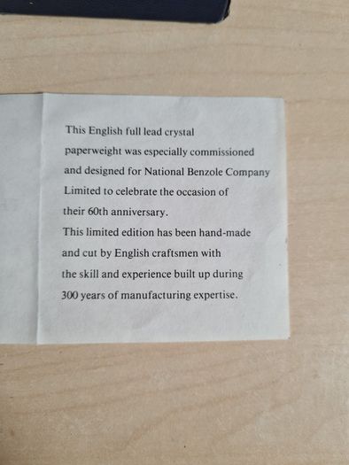 NATIONAL BENZOLE lead crystal Paperweight 60th anniversary  1979 diamond shape vintage